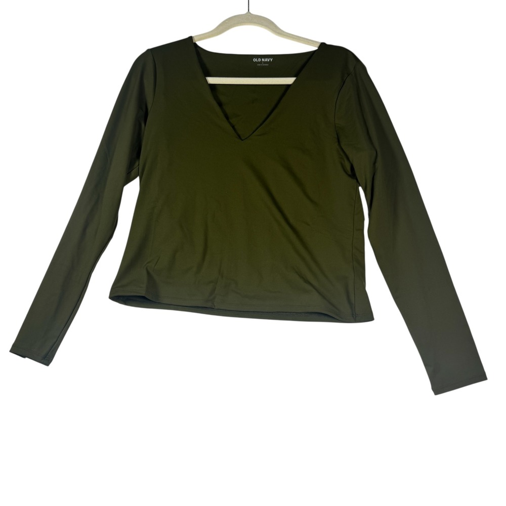 Old Navy Womens Long Sleeve V-Neck Top Olive Green Activewear Crop Size L NWT